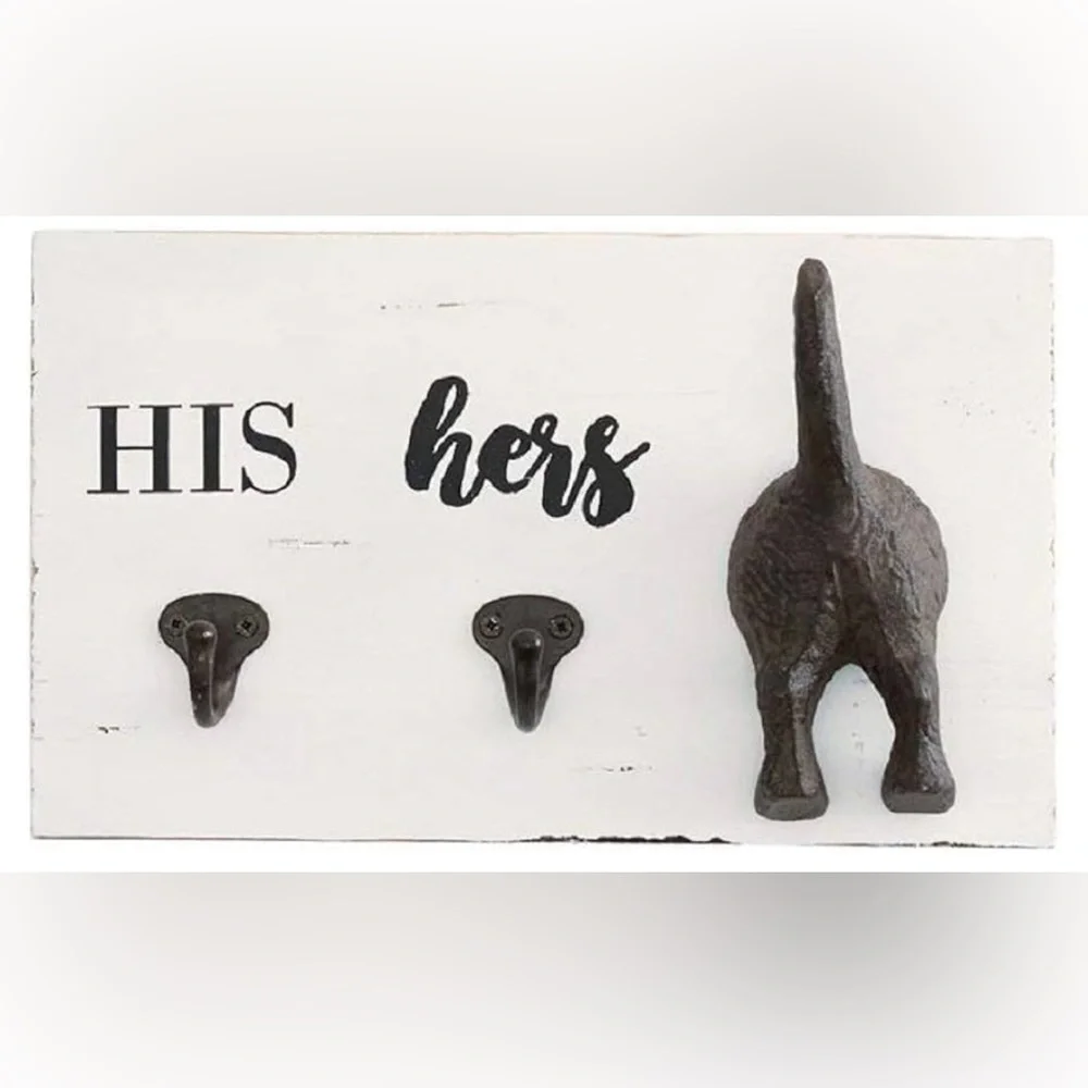 NWT NEW Mud Pie His & Hers & Pup Doggy Wall Hooks Wood Cast Iron Distressed